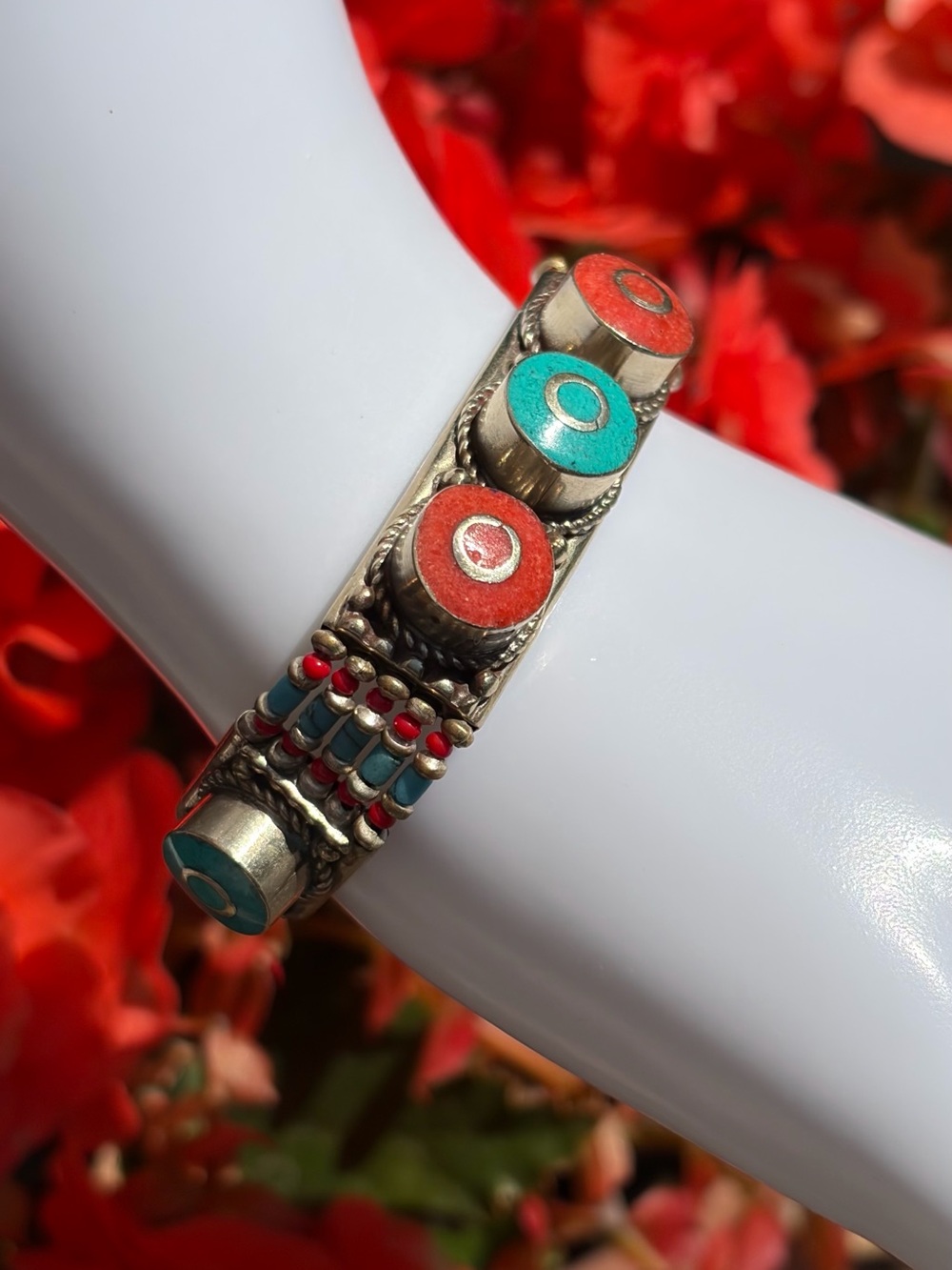 Bracelet Tibetan Silver Link Turquoise Coral Inlay Colorful Ethnic 6”
